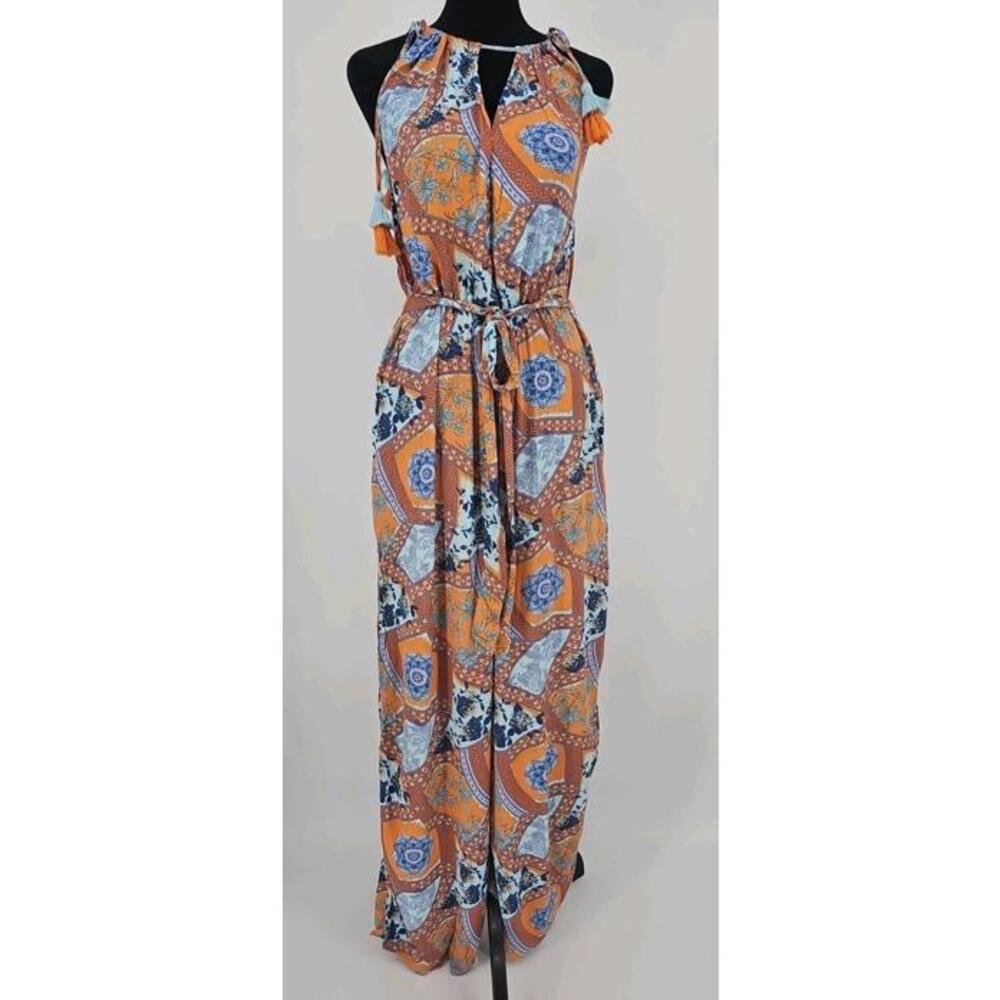 Easel Spice Of Life Jumpsuit Large Orange Multi-patttern Wide Legβ Belted NWT